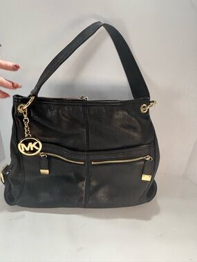 Michael Kors Black Leather Shoulder Hobo Bag with Gold Accents